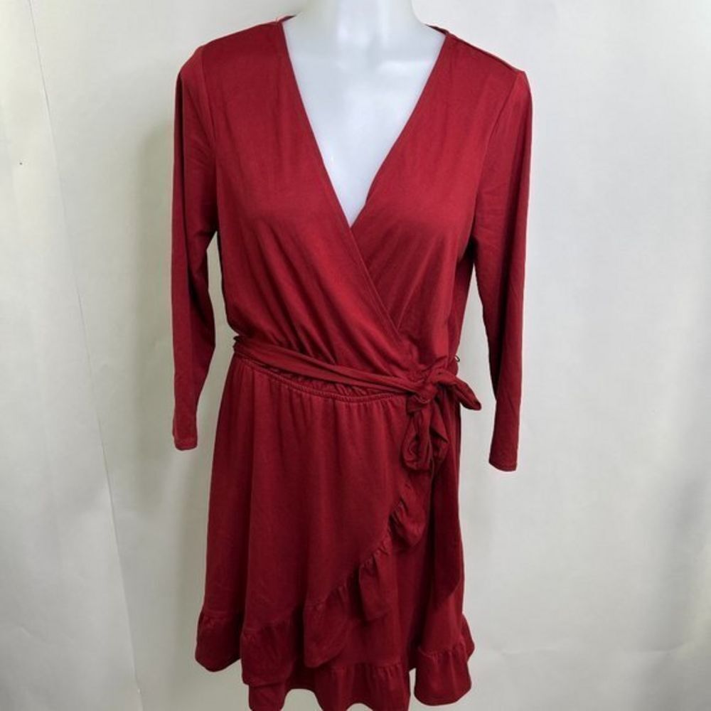 Wrap Dress M Red Ruffle Tie Long Sleeve Vneck As U Wish Solid Asymmetric  See me